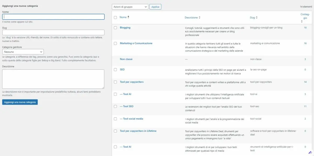Aggiungi categoria e tag in wordpress