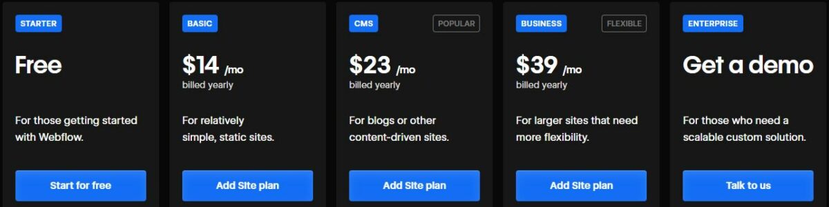 Pricing di Webflow